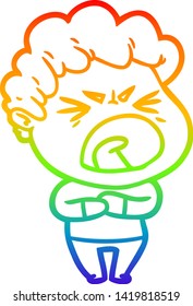 dibujo de una línea de gradiente de arco iris de un hombre furioso de caricatura