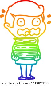 rainbow gradient line drawing of a cartoon man with books totally stressed out