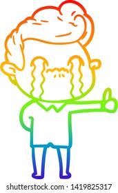 Regenbogen-Farbverlauf-Linie Zeichnung eines Cartoon-Mann weinend