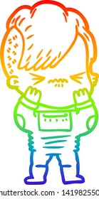 rainbow gradient line drawing of a cartoon annoyed hipster girl wearing space suit