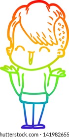 rainbow gradient line drawing of a cartoon happy hipster girl