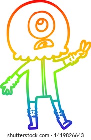 dibujo de una línea de gradiente de arco iris de un ciclista de dibujos animados un hombre espacial alienígena que da señal de paz