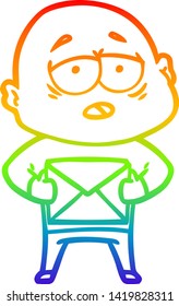 rainbow gradient line drawing of a cartoon tired bald man