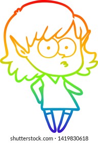 rainbow gradient line drawing of a cartoon elf girl staring
