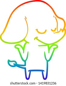 dibujo de una línea de degradado de arco iris de un elefante sonriente de dibujos animados