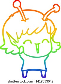 dibujo de una línea de gradiente de arco iris de una chica alienígena que se ríe