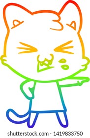 rainbow gradient line drawing of a cartoon cat hissing
