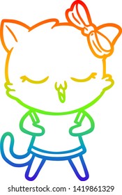 rainbow gradient line drawing of a cartoon cat with bow on head