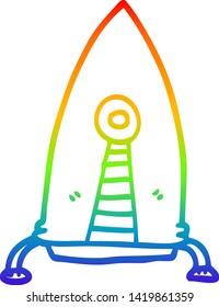 rainbow gradient line drawing of a cartoon space rocket