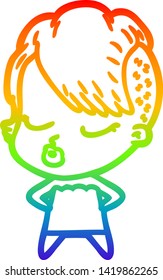 rainbow gradient line drawing of a cartoon pretty hipster girl