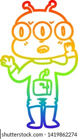 rainbow gradient line drawing of a cartoon three eyed alien