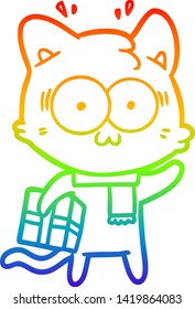 rainbow gradient line drawing of a cartoon surprised cat with christmas present