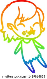 Regenbogen-Farbverlauf-Linie Zeichnung eines Cartoon Vampir Mädchen mit Blut auf Wange