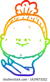 rainbow gradient line drawing of a cartoon happy old woman