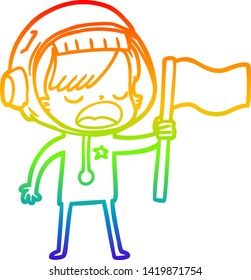 rainbow gradient line drawing of a cartoon astronaut woman waving flag
