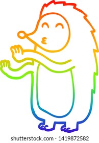 rainbow gradient line drawing of a cartoon happy hedgehog