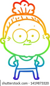 rainbow gradient line drawing of a cartoon happy old woman