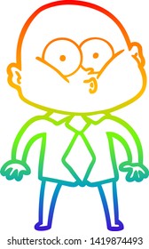 rainbow gradient line drawing of a cartoon bald man staring