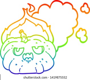rainbow gradient line drawing of a cartoon flaming halloween pumpkin