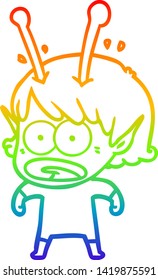 rainbow gradient line drawing of a cartoon shocked alien girl