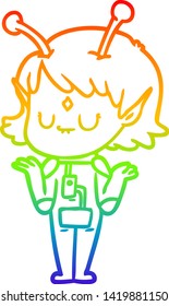 rainbow gradient line drawing of a cartoon alien girl