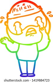 rainbow gradient line drawing of a cartoon bearded man crying