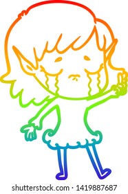rainbow gradient line drawing of a cartoon crying elf girl