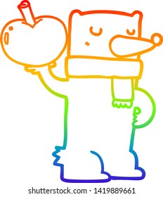 dibujo de una línea de degradado de arco iris de un oso de dibujos animados con manzana