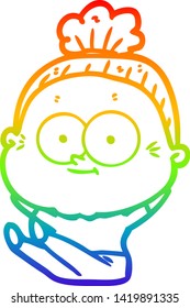 desenho de linha de gradiente arco-íris de uma mulher velha feliz de desenho animado