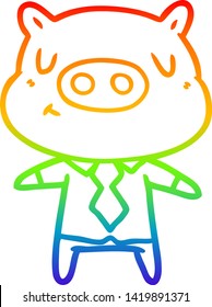 rainbow gradient line drawing of a cartoon content pig in shirt and tie