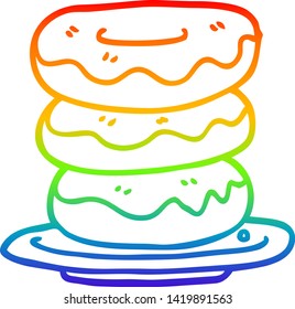 dibujo de línea de gradiente de arco iris de una placa de dibujos animados con donuts