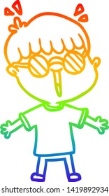 dibujo de una línea de gradiente de arco iris de un niño de caricatura que usa espectáculos