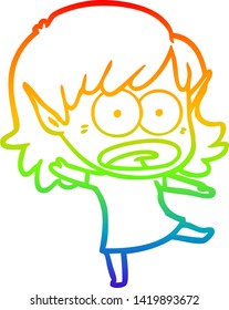 rainbow gradient line drawing of a cartoon shocked elf girl