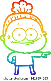 rainbow gradient line drawing of a cartoon happy old woman