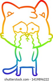 rainbow gradient line drawing of a cartoon crying cat