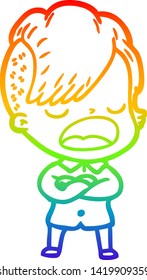 rainbow gradient line drawing of a cartoon cool hipster girl talking