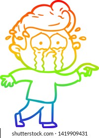 rainbow gradient line drawing of a cartoon crying man