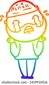 dibujo de una línea de degradado de arco iris de un hombre barbudo de dibujos animados llorando