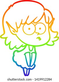 rainbow gradient line drawing of a cartoon elf girl staring