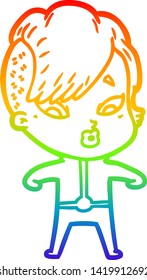 rainbow gradient line drawing of a cartoon surprised girl in science fiction clothes