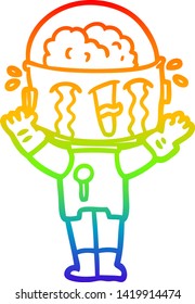 dibujo de una línea de gradiente de arco iris de un robot llorando una caricatura