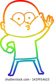 dibujo de una línea de gradiente de arco iris de un hombre calvo de dibujos animados mirando