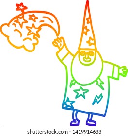 rainbow gradient line drawing of a cartoon wizard casting spell