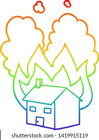 rainbow gradient line drawing of a cartoon burning house