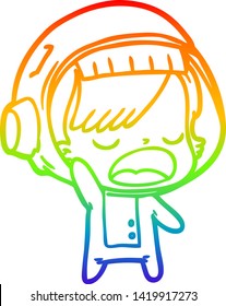rainbow gradient line drawing of a cartoon astronaut woman explaining