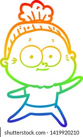 rainbow gradient line drawing of a cartoon happy old woman