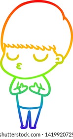 rainbow gradient line drawing of a cartoon calm boy