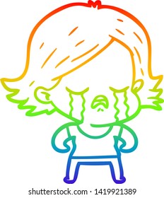 rainbow gradient line drawing of a cartoon girl crying