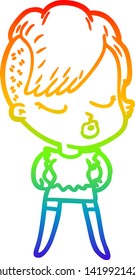 Regenbogen-Farbverlauf-Linie Zeichnung einer Cartoon hübschen hipster Mädchen