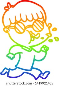 rainbow gradient line drawing of a cartoon boy wearing spectacles and running